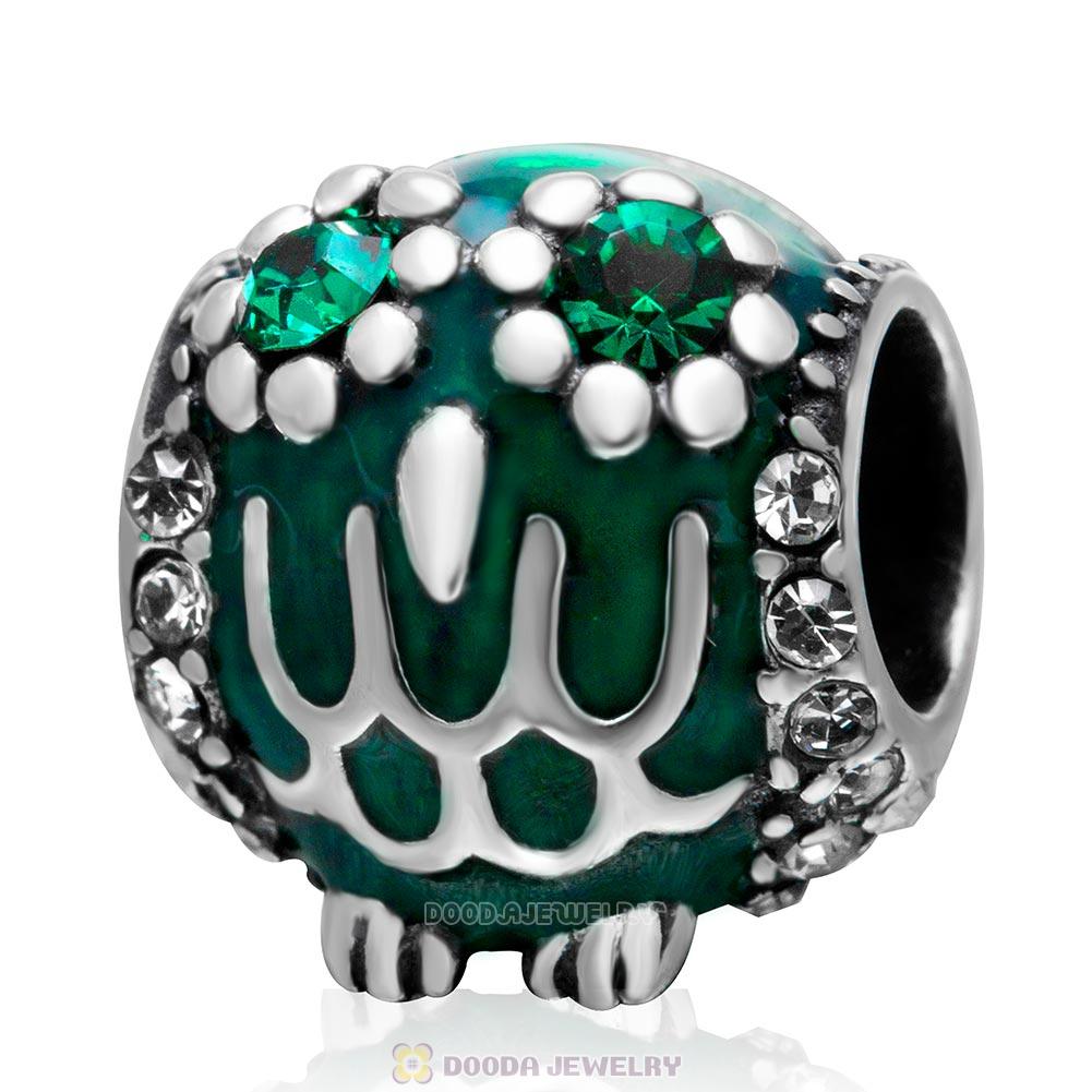 Antique 925 Sterling Silver Owl Charm Bead with Green Enamel and Crystal