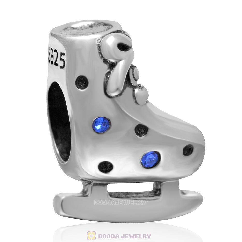 925 Sterling Silver Ski Boot European Charm Bead with Sapphire Crystal