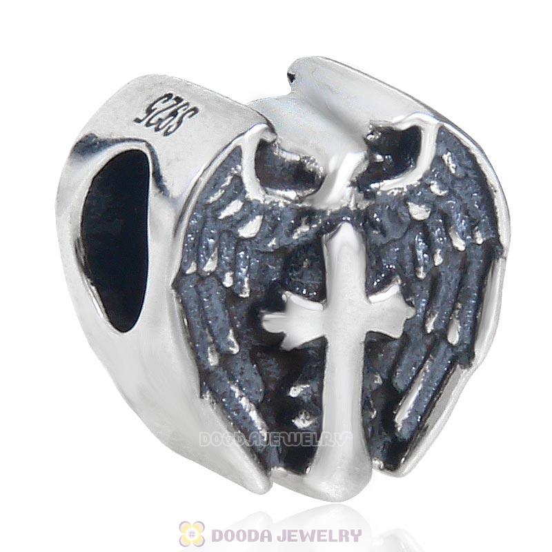 Prayer Cross Heart Charm Antique 925 Sterling Silver Bead