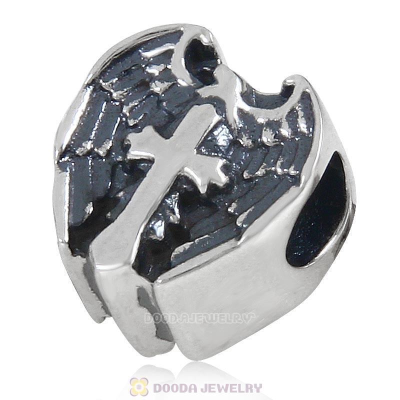 Prayer Cross Heart Charm Antique 925 Sterling Silver Bead