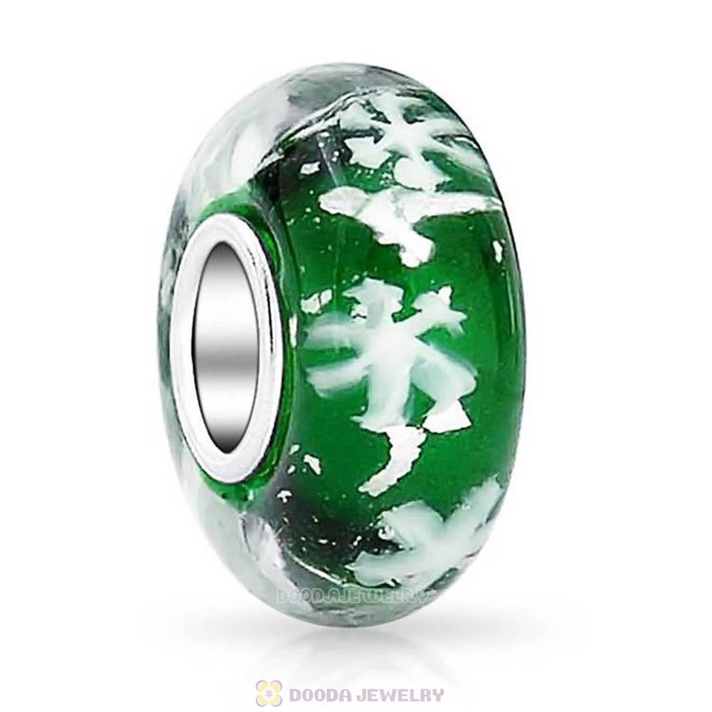 Green Snowflake Glass Beads with Silver Shatter fit European Largehole Jewelry Bracelet