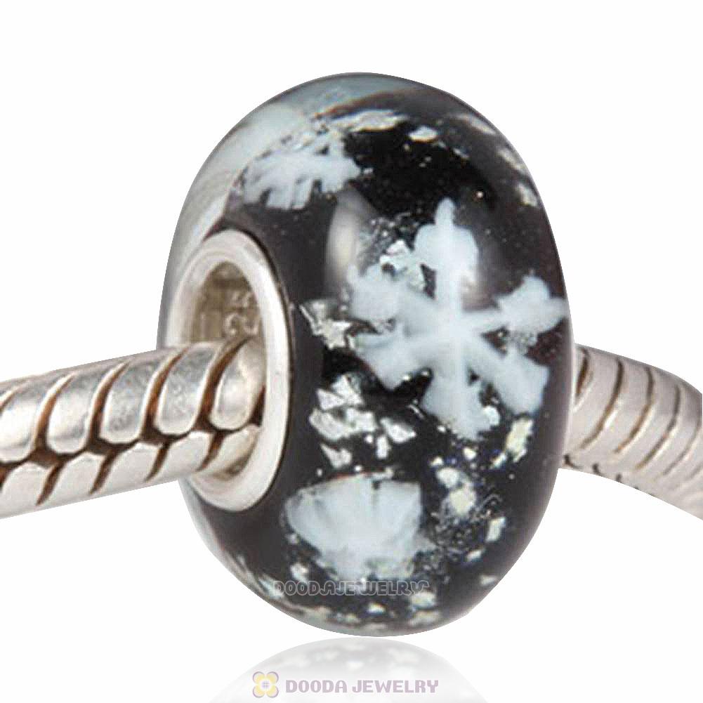 Black Snowflake Glass Beads with Silver Shatter fit European Largehole Jewelry Bracelet