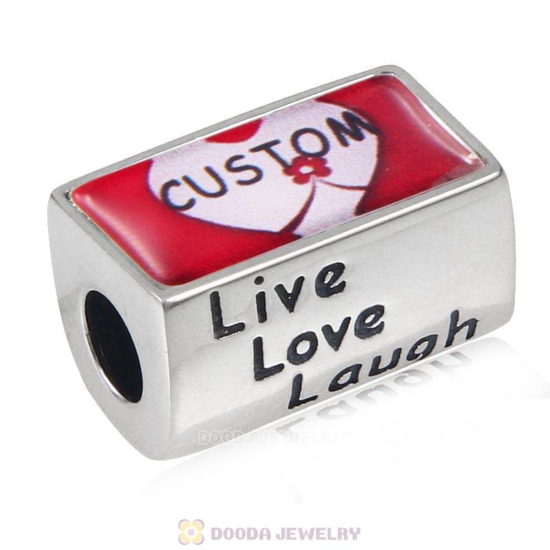 Custom DIY Photo 925 Sterling Silver Live Love Laugh Rectangle Charm Bead  