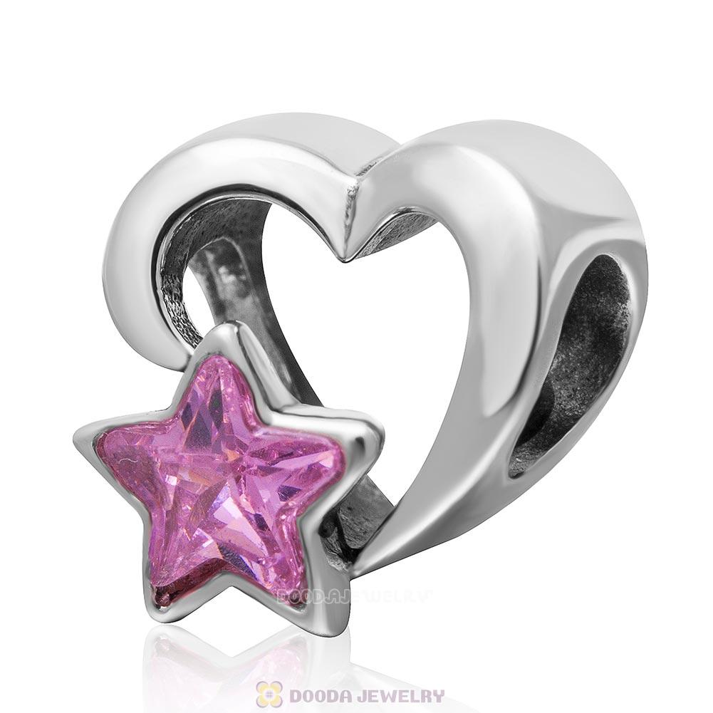 Heart with Pink Star Charm 925 Sterling Silver Cubic Zirconia Bead
