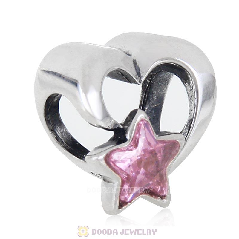 Heart with Pink Star Charm 925 Sterling Silver Cubic Zirconia Bead