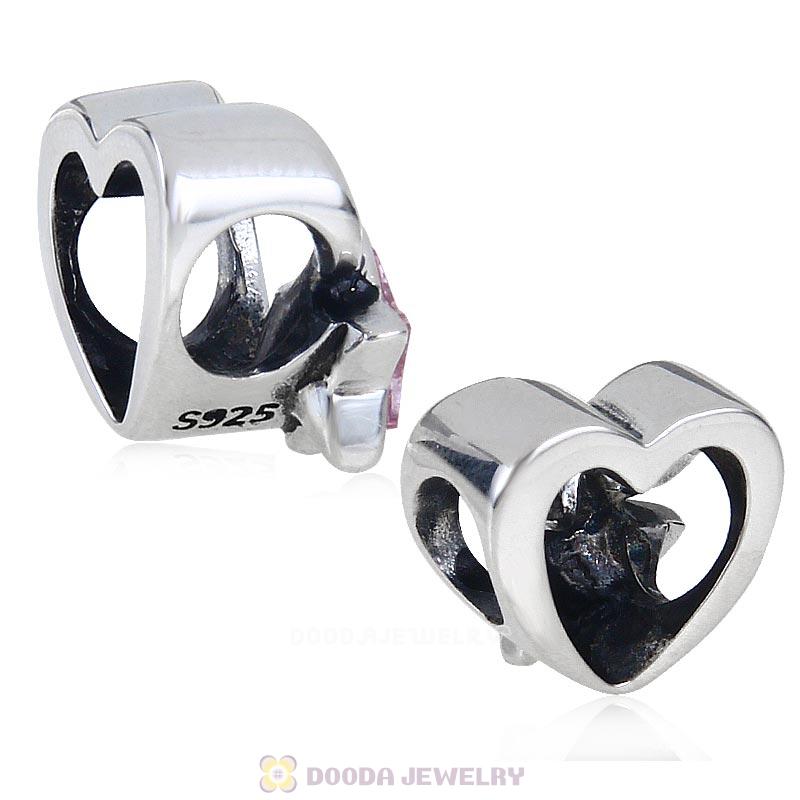 Heart with Pink Star Charm 925 Sterling Silver Cubic Zirconia Bead