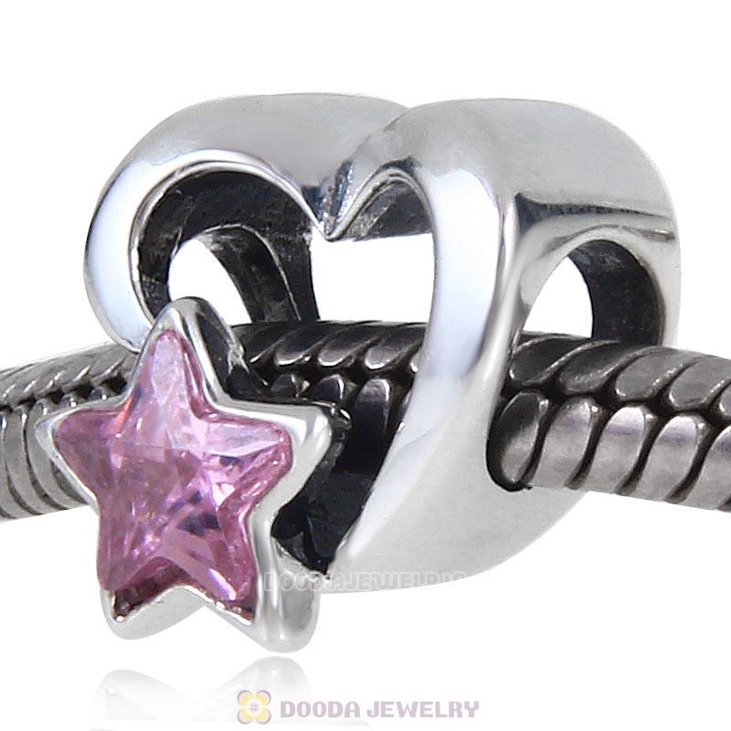 Heart with Pink Star Charm 925 Sterling Silver Cubic Zirconia Bead