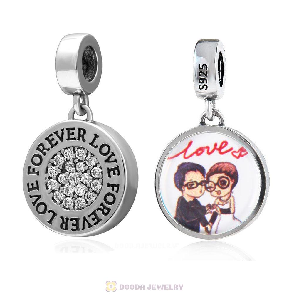 Love Couple 925 Sterling Silver Dangle Love Forever Personalized Photo Charm Pendant