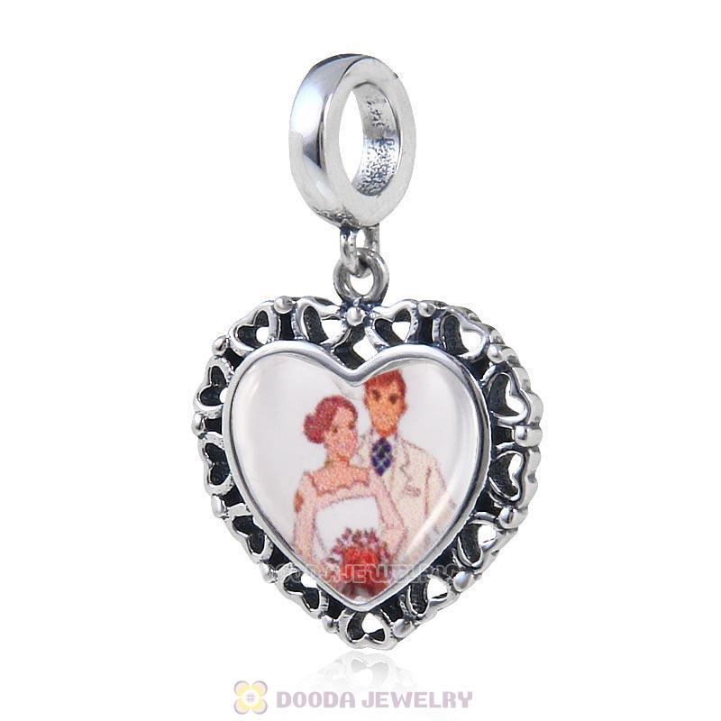 Happy Wedding Lover 925 Sterling Silver Dangle Heart Personalized Photo Charm Bead 