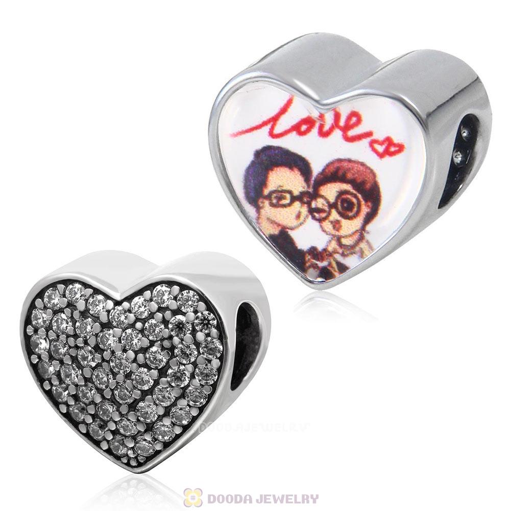 Couple Love 925 Sterling Silver Love Heart Personalized Photo Charm Bead with Clear CZ