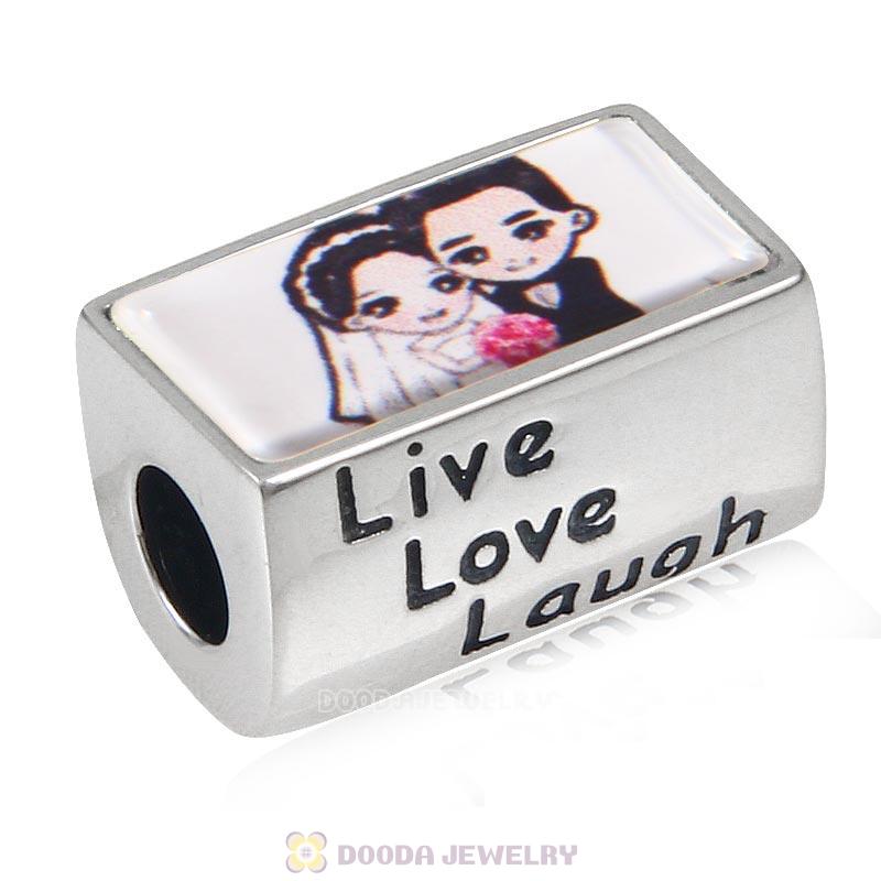 Wedding Anniversary Couple Charm 925 Sterling Silver Live Love Laugh Rectangle Bead with DIY Photo