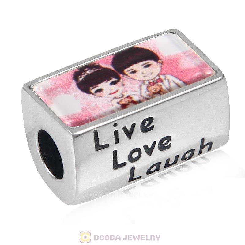 Wedding Lover Couple Charm 925 Sterling Silver Live Love Laugh Rectangle Bead with DIY Photo
