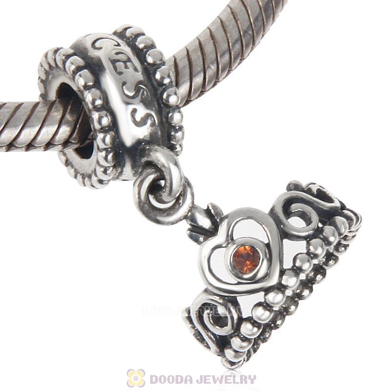 European Sterling Silver My Princess Dangle With Smoked Topaz Austrian Crystal