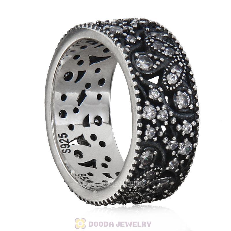 925 Sterling Silver Shimmering Leaves Ring with Clear CZ