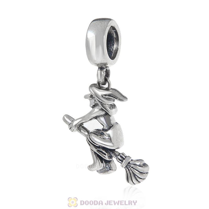 925 Sterling Silver Witch Riding Broom Charm Pendant