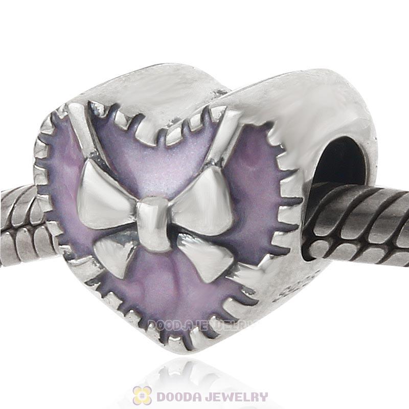 Ribbon Bow Charm 925 Sterling Silver Purple Heart Bead