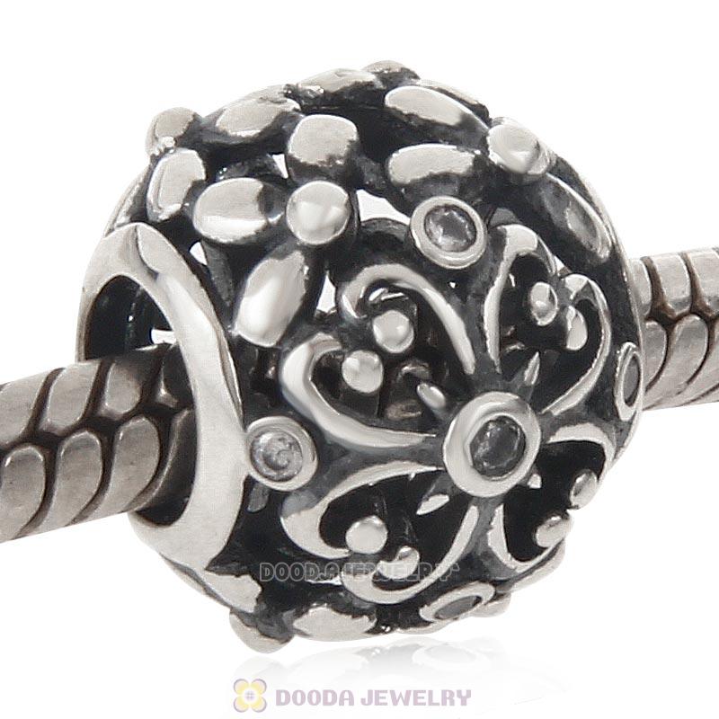 Openwork Clover Charm 925 Sterling Silver Bead Clear CZ