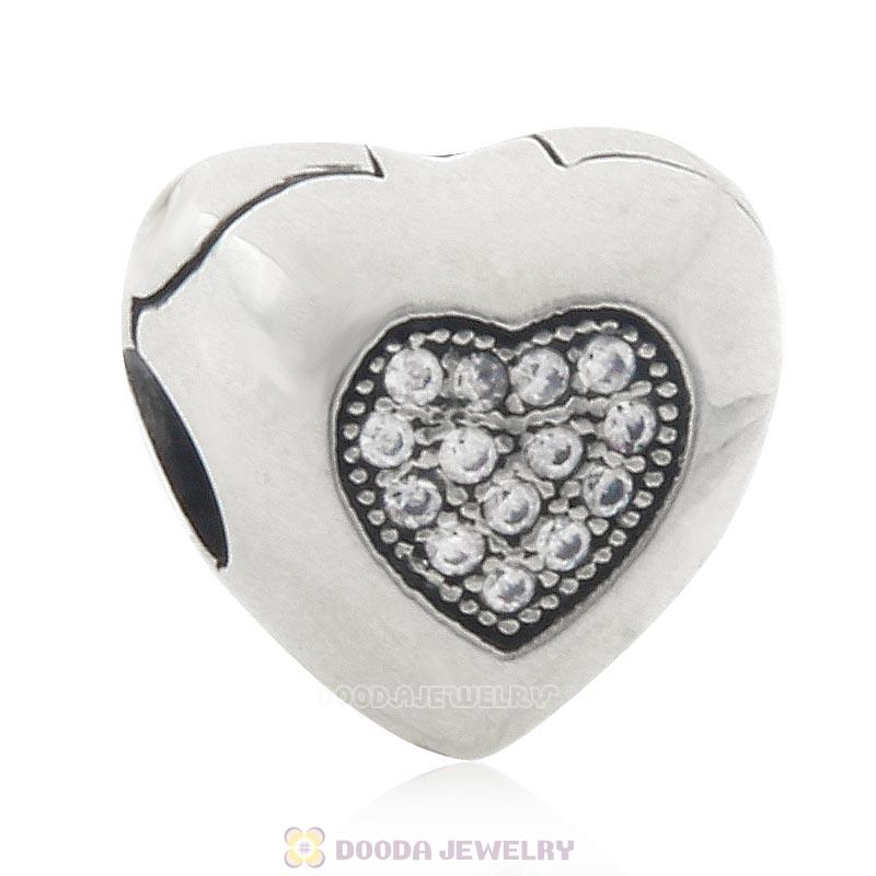 Heart Clip Clock Charm 925 Sterling Silver Bead with Clear CZ