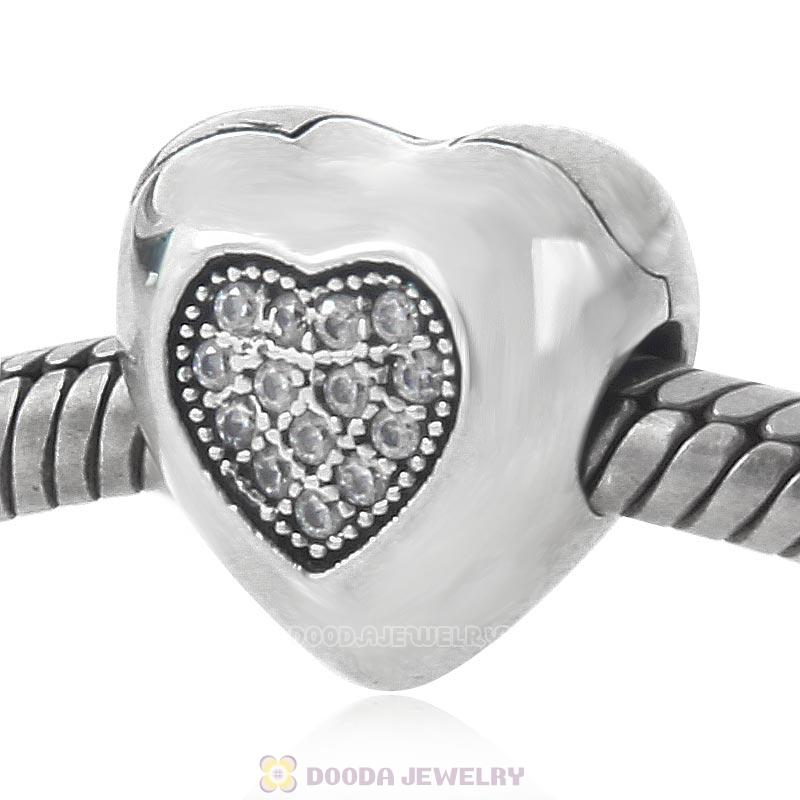 Heart Clip Clock Charm 925 Sterling Silver Bead with Clear CZ