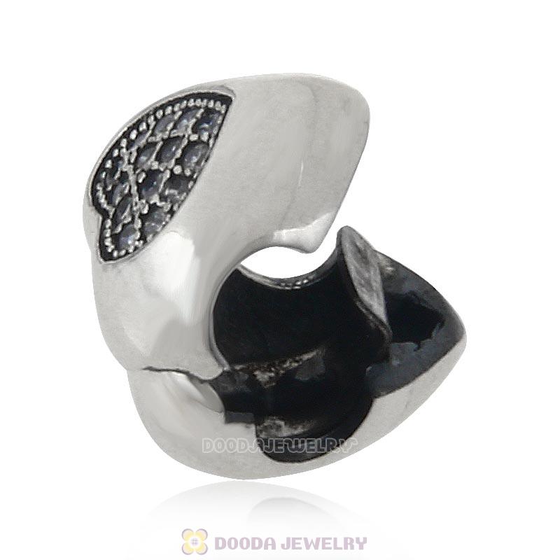 Heart Clip Clock Charm 925 Sterling Silver Bead with Clear CZ