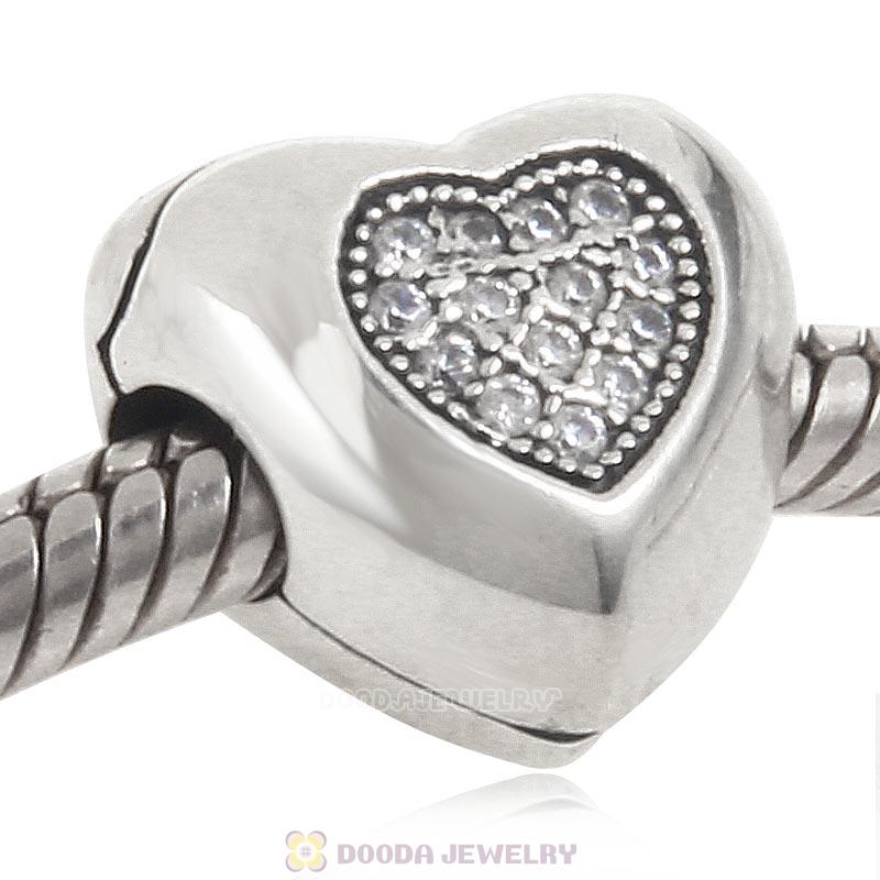 Heart Clip Clock Charm 925 Sterling Silver Bead with Clear CZ