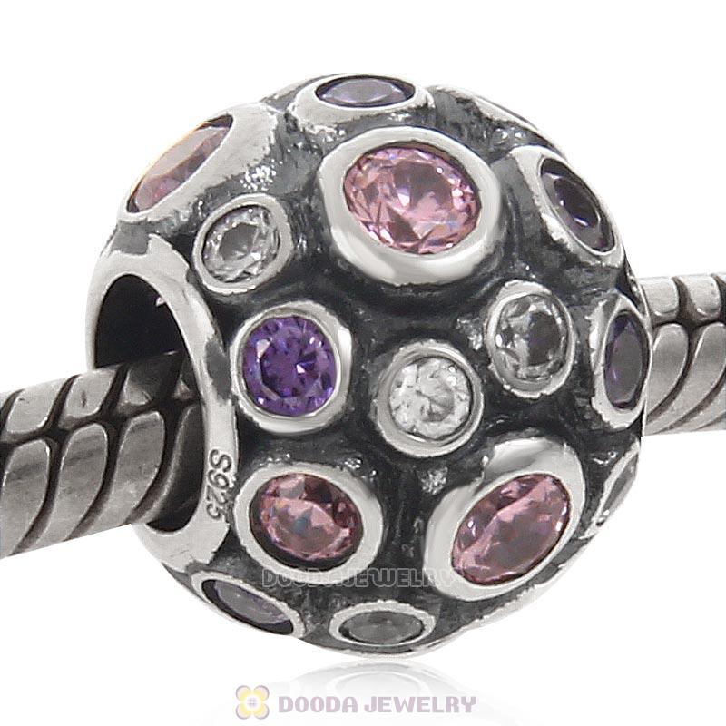925 Sterling Silver Cubic Zirconia Bead with Clear Pink and Purple