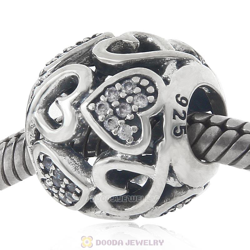 925 Sterling Silver Openwork Heart Charm Bead with Clear CZ