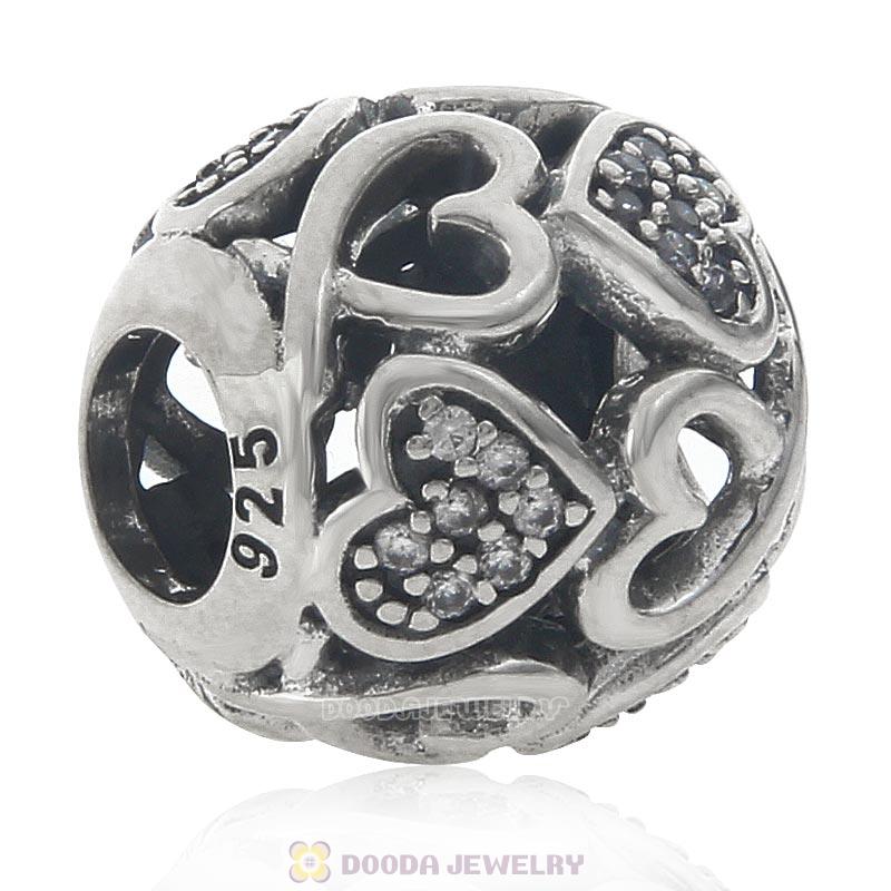 925 Sterling Silver Openwork Heart Charm Bead with Clear CZ