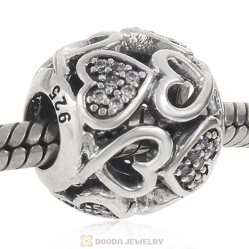 925 Sterling Silver Openwork Heart Charm Bead with Clear CZ