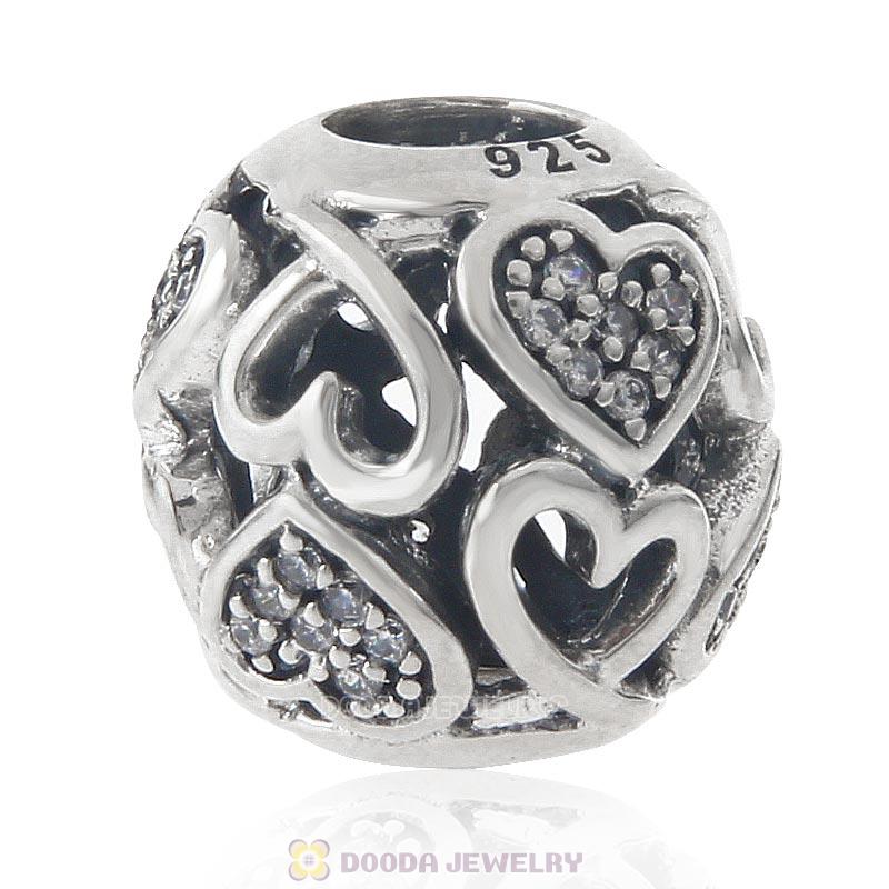925 Sterling Silver Openwork Heart Charm Bead with Clear CZ