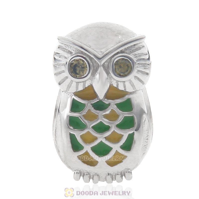 925 Sterling Silver Jungle Owl Charm with Green CZ 