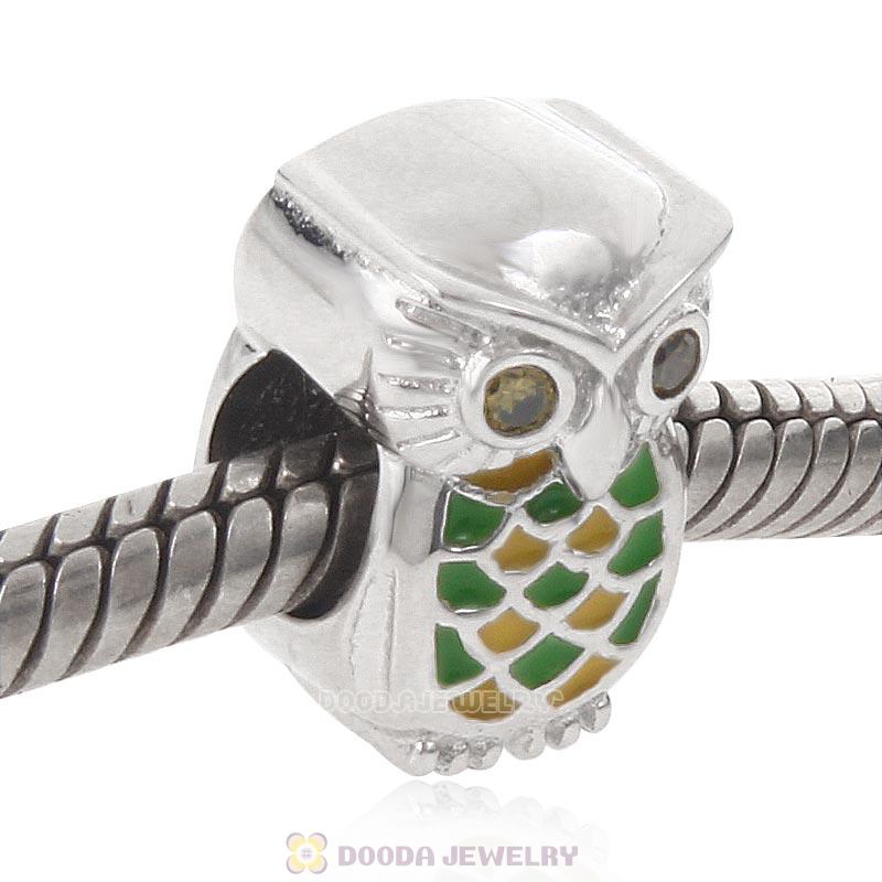 925 Sterling Silver Jungle Owl Charm with Green CZ 