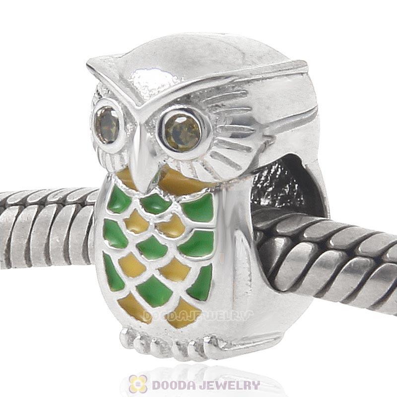 925 Sterling Silver Jungle Owl Charm with Green CZ 