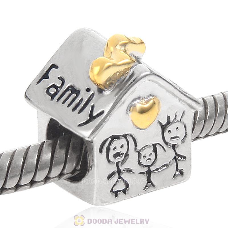 925 Sterling Silver Family House Charm with Gold Plated Heart 