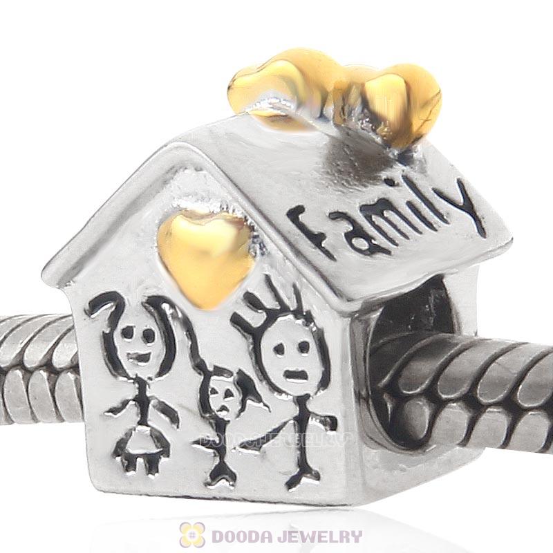 925 Sterling Silver Family House Charm with Gold Plated Heart 