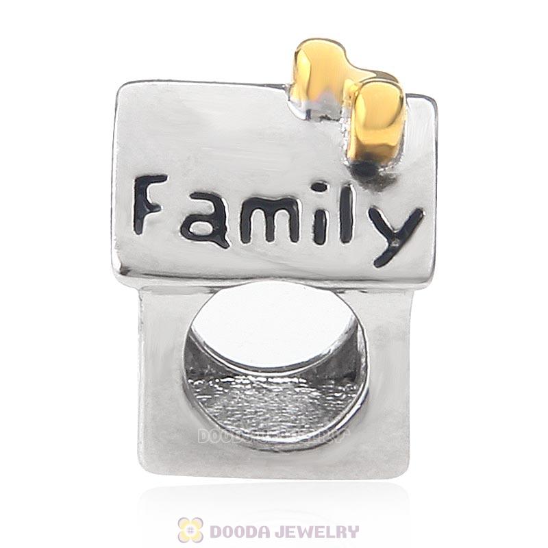 925 Sterling Silver Family House Charm with Gold Plated Heart 