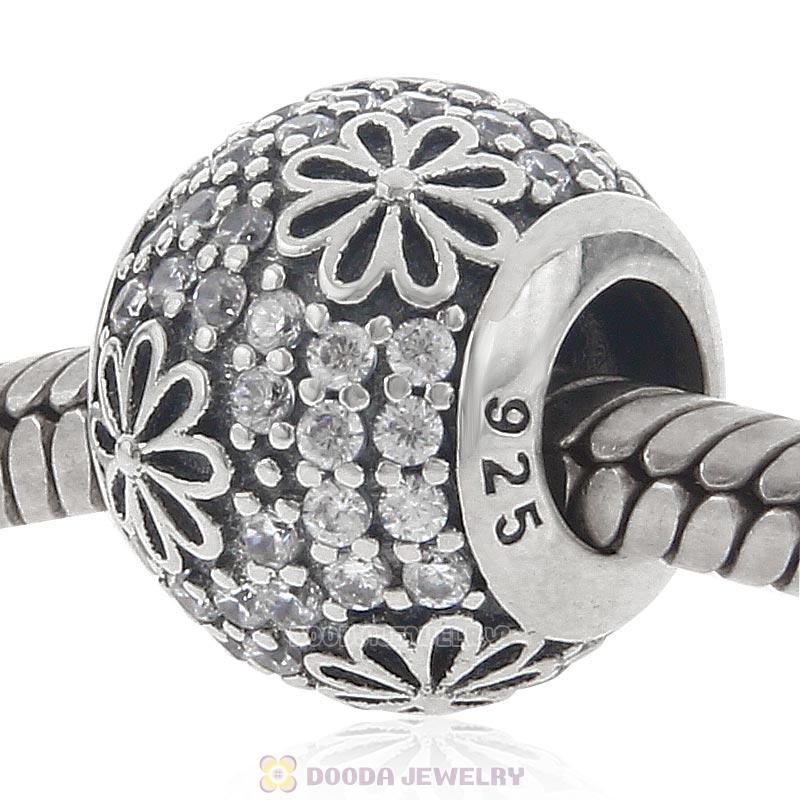 925 Sterling Silver Flower Charm Bead with Pave Clear CZ