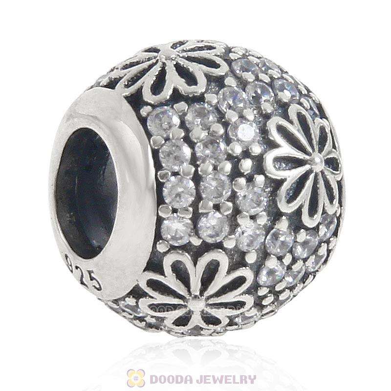 925 Sterling Silver Flower Charm Bead with Pave Clear CZ