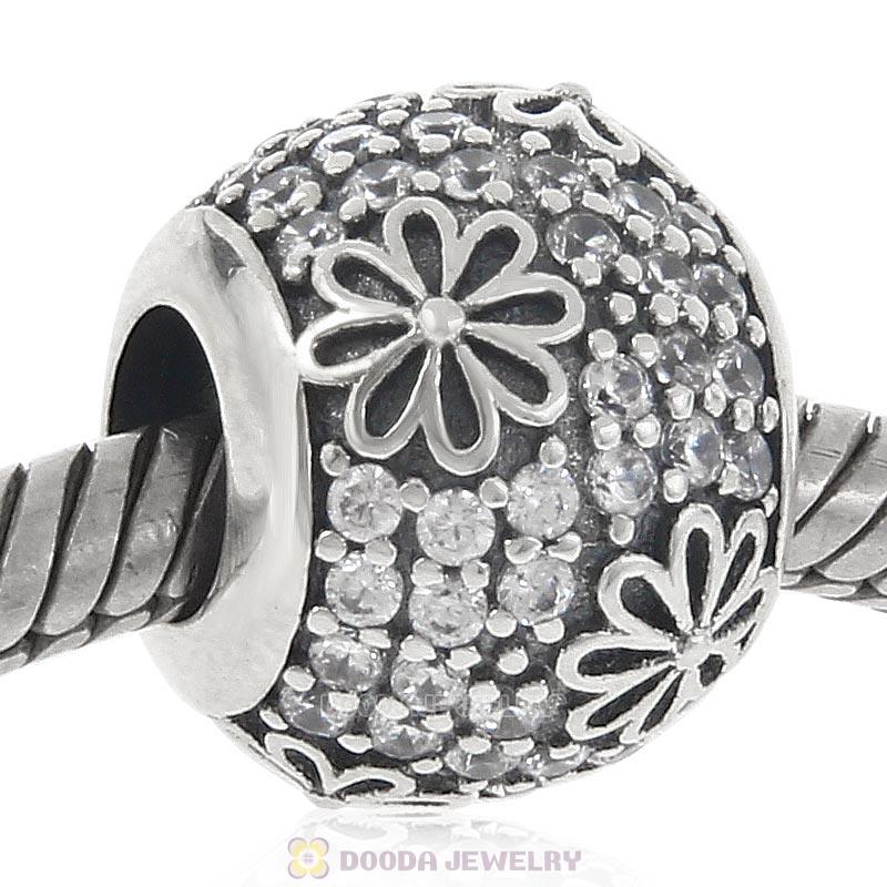 925 Sterling Silver Flower Charm Bead with Pave Clear CZ