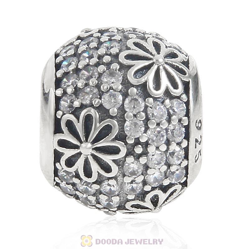 925 Sterling Silver Flower Charm Bead with Pave Clear CZ