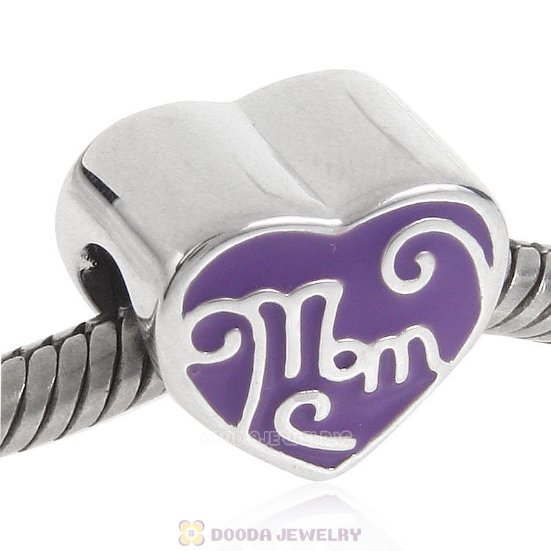 Great Mom Purple Heart Charm 925 Sterling Silver Bead