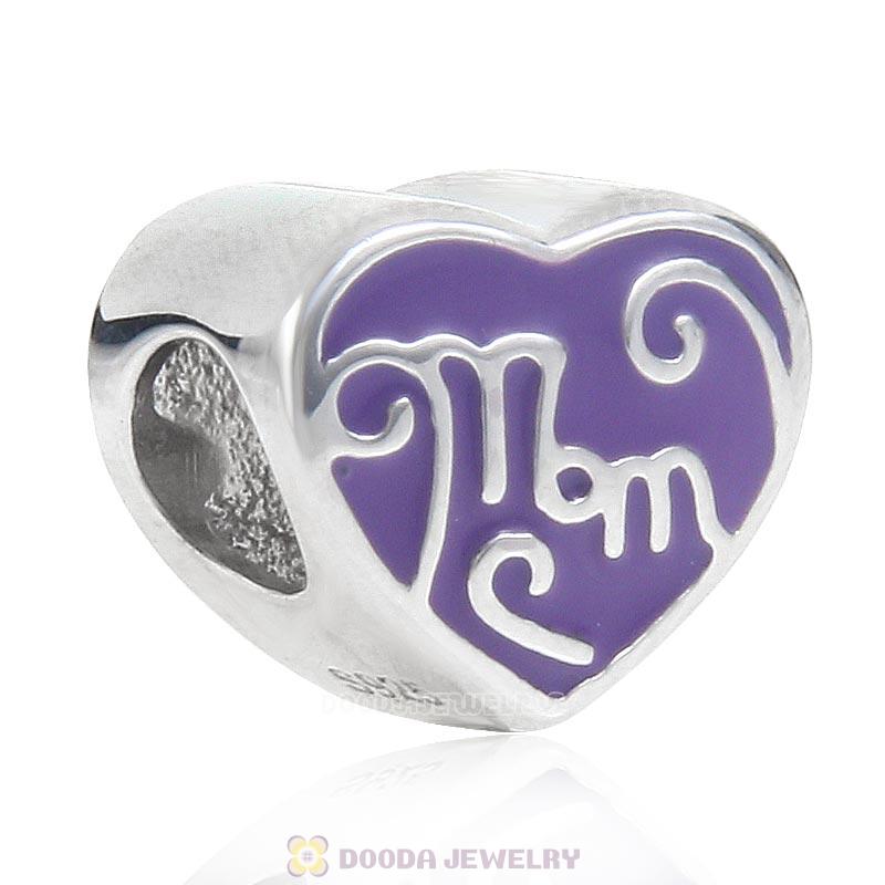 Great Mom Purple Heart Charm 925 Sterling Silver Bead