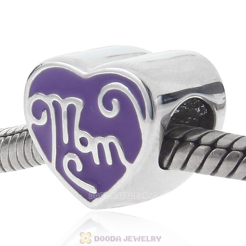 Great Mom Purple Heart Charm 925 Sterling Silver Bead
