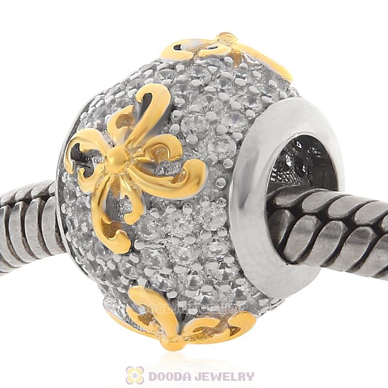 Gold Plated Flower 925 Sterling Silver Bead with Clear CZ