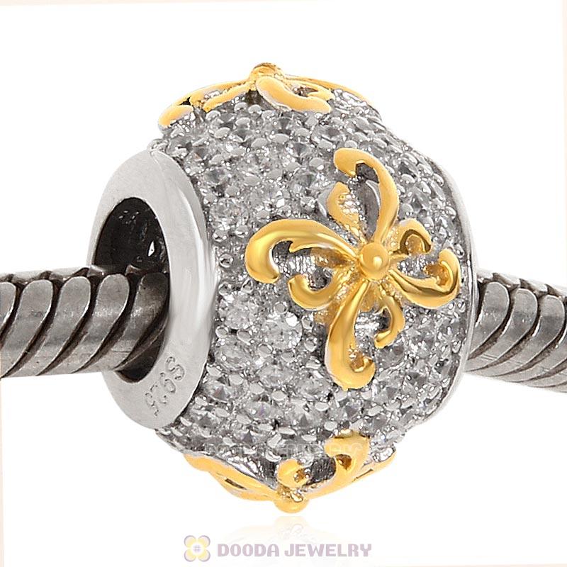 Gold Plated Flower 925 Sterling Silver Bead with Clear CZ