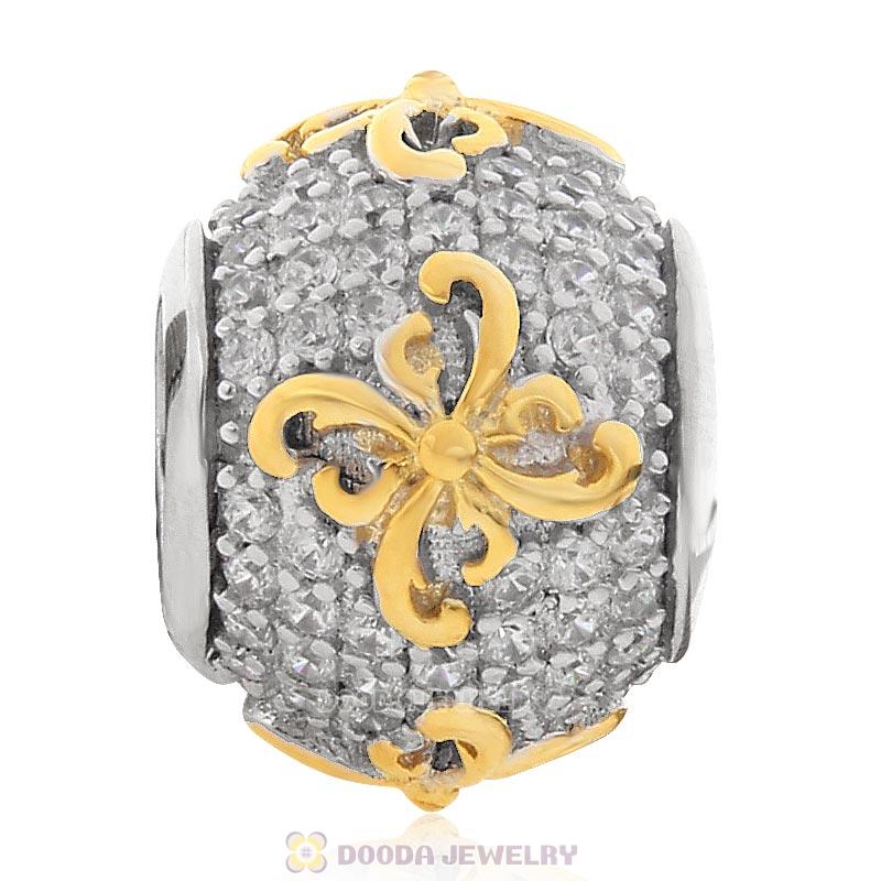 Gold Plated Flower 925 Sterling Silver Bead with Clear CZ