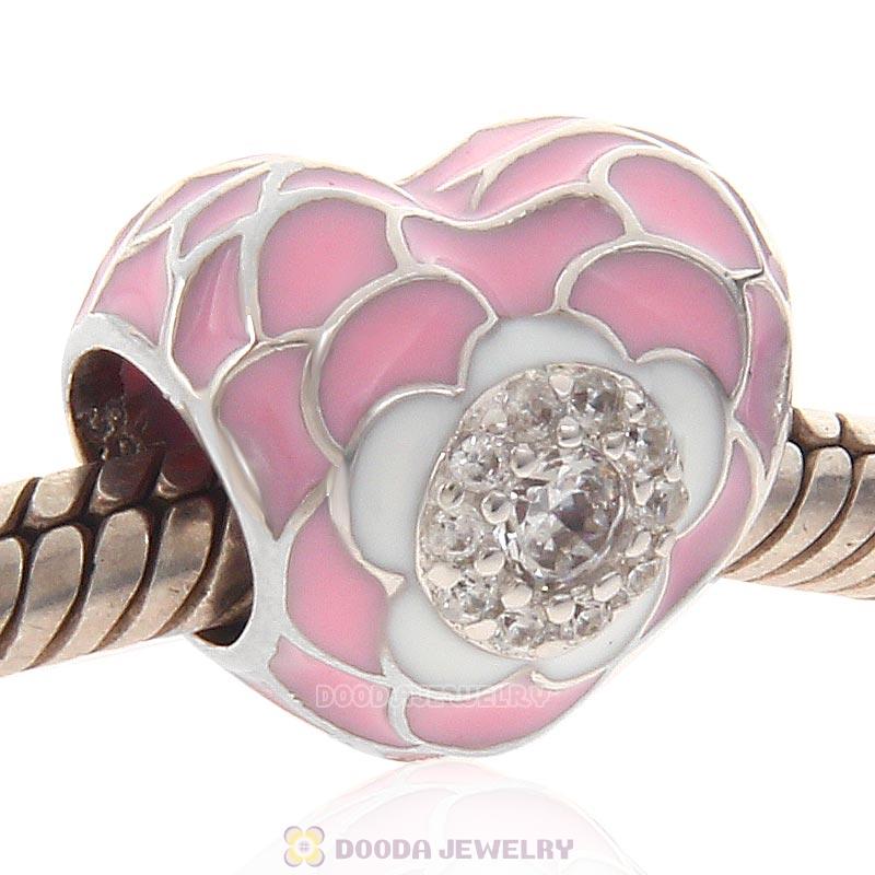 925 Sterling Silver Pink Heart with Flower Charm Bead