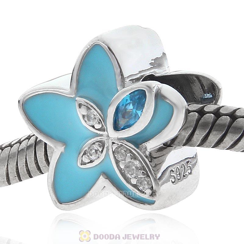 925 Sterling Silver Blue Flower Charm Bead with CZ