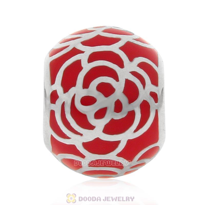 925 Sterling Silver Red Enamel Flower Charm Bead