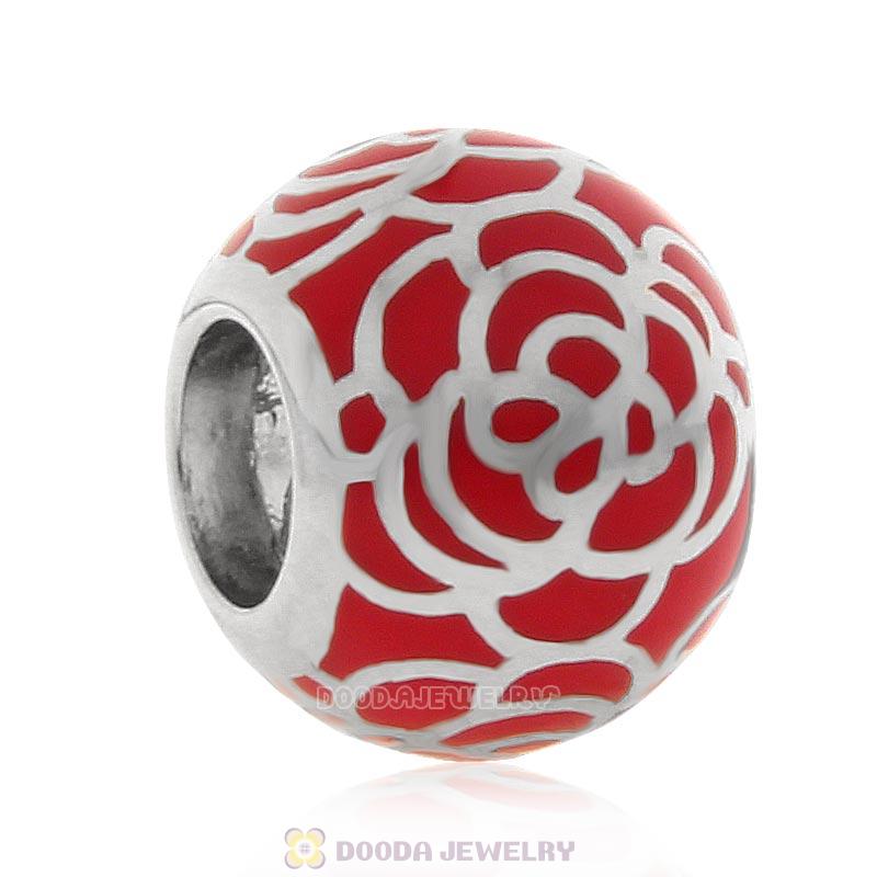 925 Sterling Silver Red Enamel Flower Charm Bead